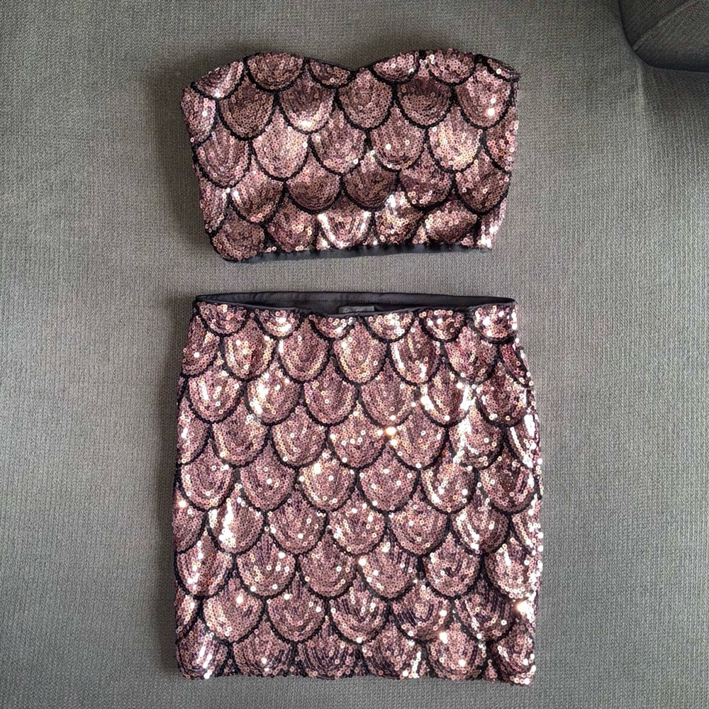 Sequin stretchy bodycon miniskirt & tube top rose gold light pink 2 piece set
